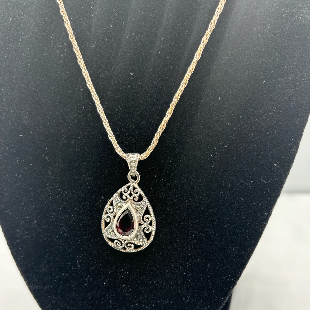 Silver and Red Garnet Pendant Necklace
